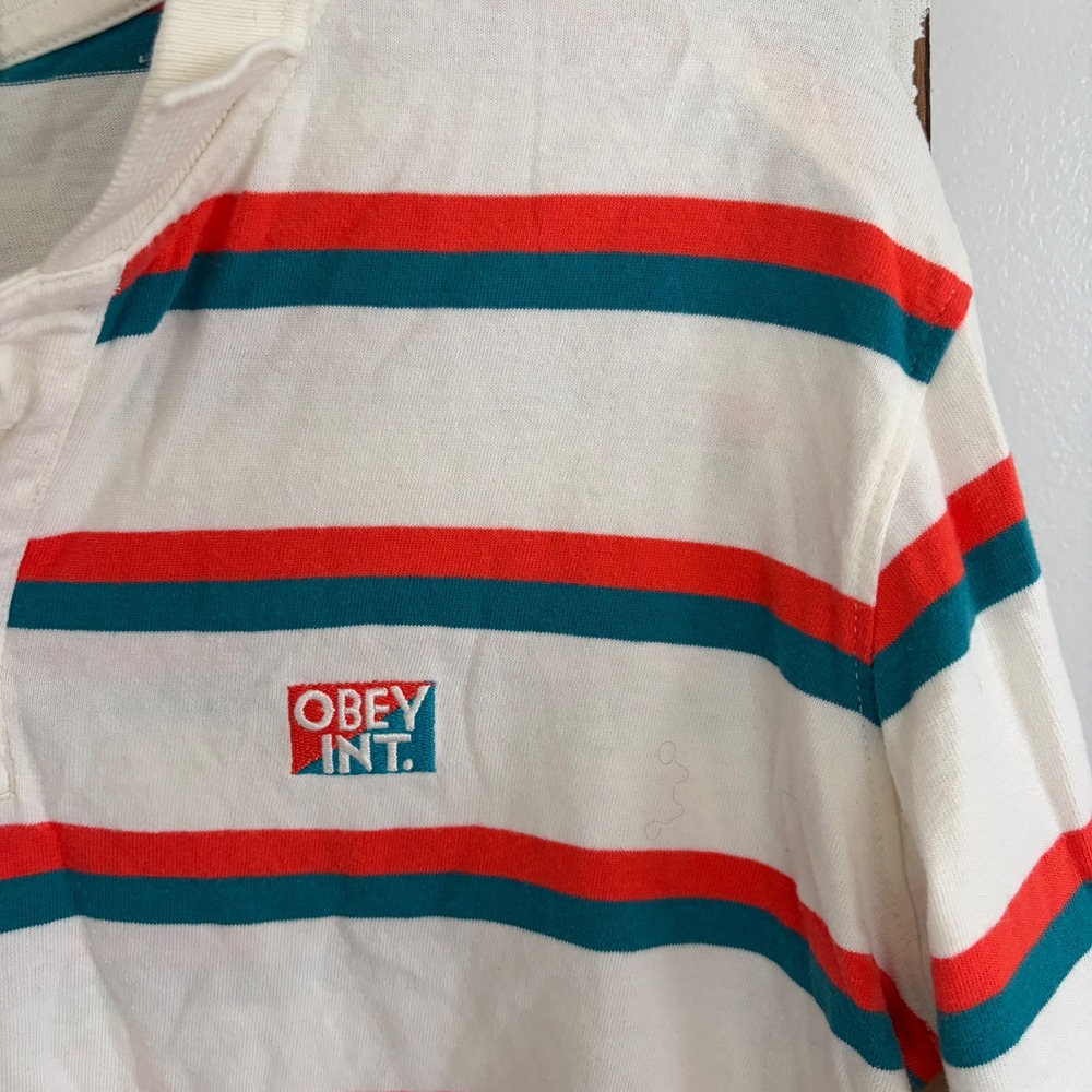 Obey Glenview Top striped long-sleeve cropped polo shirt size Large - Picture 3 of 8